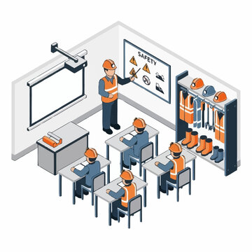 Isometric illustration of a safety training session with construction workers in a classroom setting.