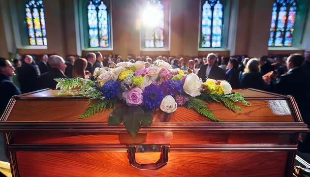 polished wooden casket decorated with flowers illuminated by stained glass light during the memorial service with a backdrop of mourners