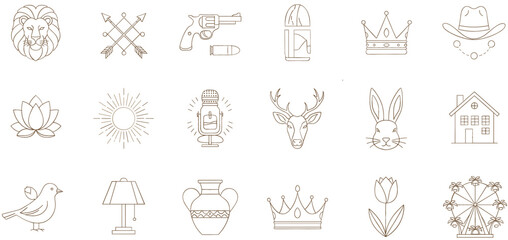 Vintage western and boho outline icons set with lion arrows revolver crown deer lotus sun bird and decorative symbols vector © REYAD