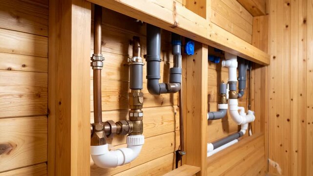 Exposed plumbing system with copper and PVC pipes against wood paneling
