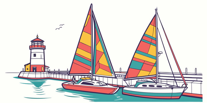 A colorful catamaran sailboat near a lighthouse Vector