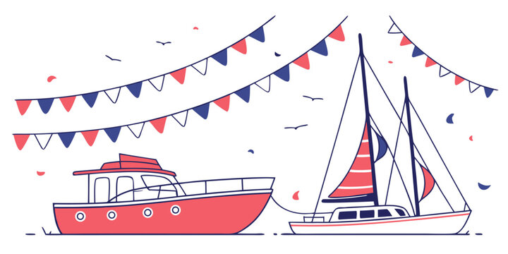 Red and white boats with bunting on the water Vector