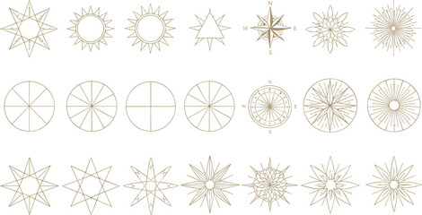 Vintage celestial starburst and compass symbols collection with sun rays geometric stars and navigation elements decorative vector set © REYAD