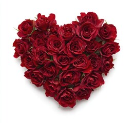 Heart-shaped arrangement of vibrant red roses on a white background.