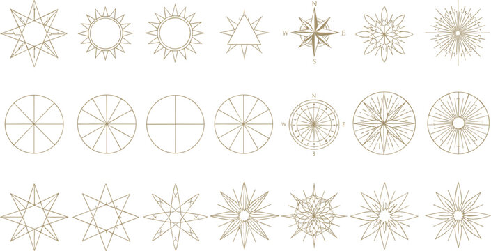 Vintage celestial starburst and compass symbols collection with sun rays geometric stars and navigation elements decorative vector set