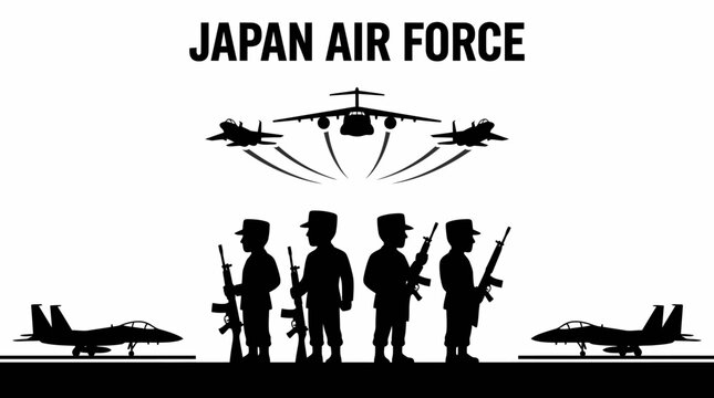Powerful silhouette graphic showcasing military personnel standing guard with advanced fighter jets and transport aircraft, symbolizing national aerial defense and security
