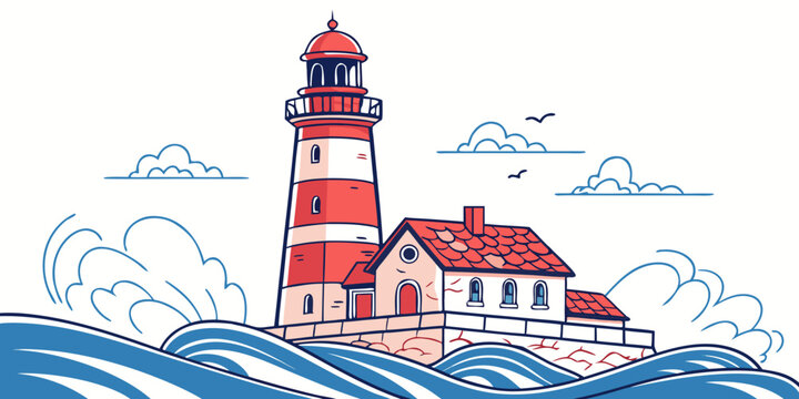 A red and white lighthouse next to a house by the sea Vector