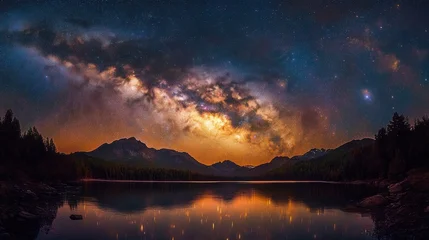 Poster Reflectie milky way arching over silhouetted mountain range and pine forest, vivid starry sky reflected in a calm alpine lake, a serene and awe-inspiring night scene  © zhuan