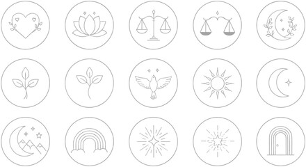 Minimal spiritual and nature line icons collection featuring lotus scales moon sun rainbow dove and botanical symbols modern outline vector set © REYAD