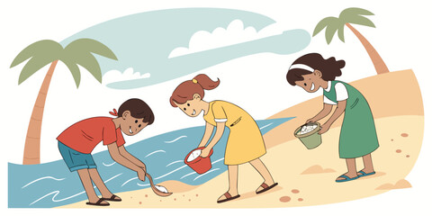 Children playing on the beach with buckets Vector © MST CHIN BANU BEGUM