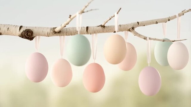 A seamless loop of pastel eggs on ribbons swaying gently from a branch on a light background concept of peaceful and elegant easter decor in motion