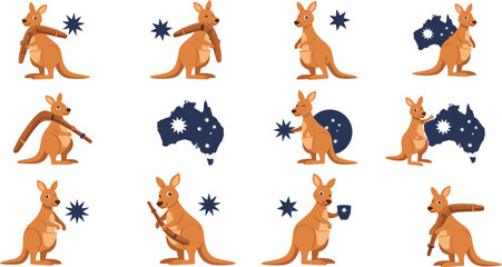 Fototapeta premium Set of twelve cartoon kangaroo illustrations with Australian cultural symbols including boomerang, continent and decorative patterns for vector design projects