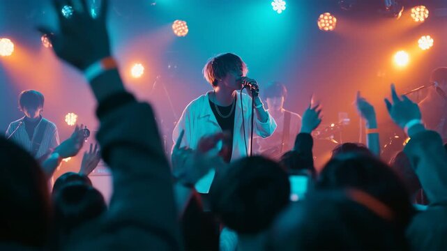 学生がライブで跳ねる夜の会場風景