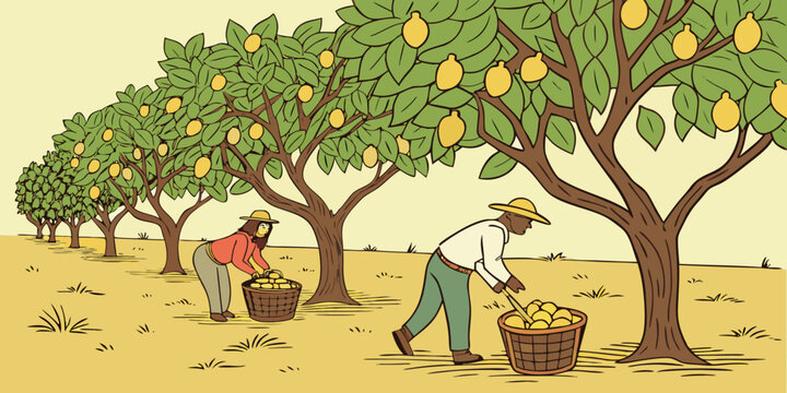 Men picking oranges from trees in an orchard Vector