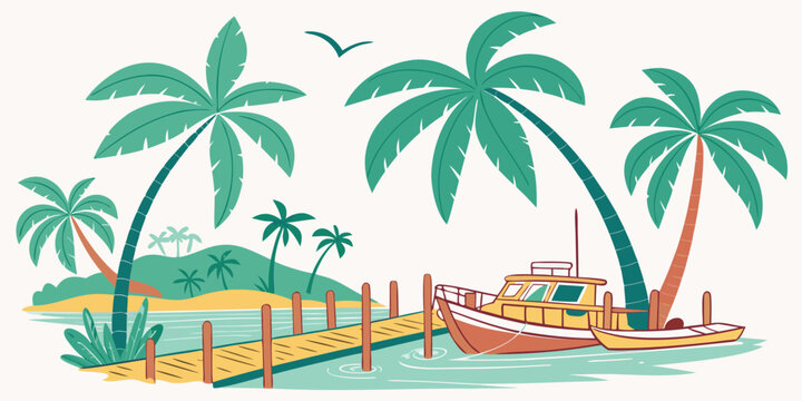 A colorful illustration of a tropical island with a boat Vector