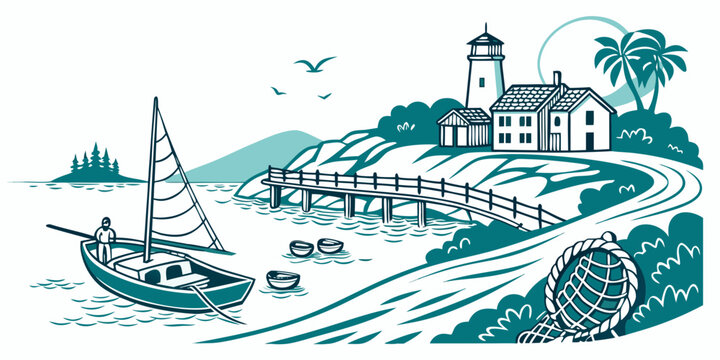 A small town by the sea with a boat and lighthouse Vector