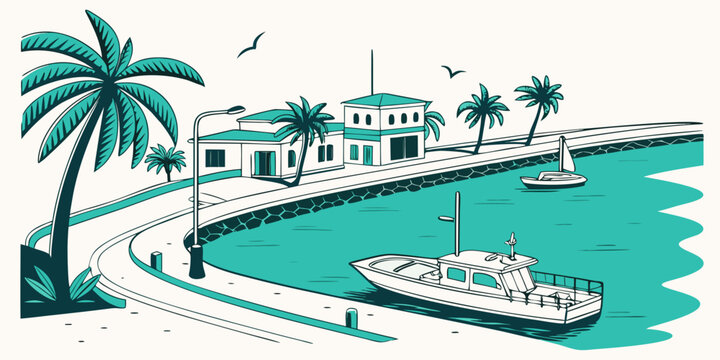 A boat is docked at a tropical marina with palm trees Vector
