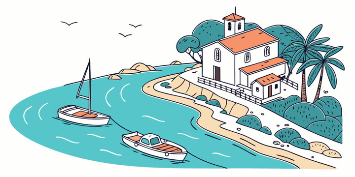 A small coastal town with a church and boats Vector