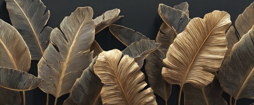 Close-up of large, textured tropical leaves in muted gold and deep green tones against a dark background.