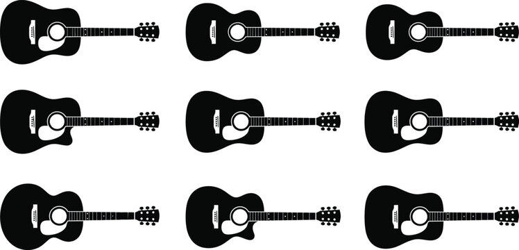 Guitar silhouettes set.Acoustic and heavy rock electric guitars musical instruments. Simple set of electric guitar vector icons for web design. Music symbols collection.  
