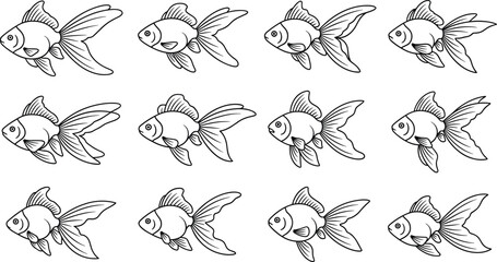 Fototapeta premium Outlined Goldfish Icon Set with Various Swimming Poses, Vector Illustrations for Aquatic, Nature, and Animal Themes