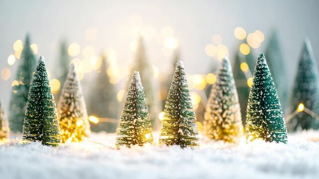 Miniature snowy pine trees illuminated by warm fairy lights in soft focus