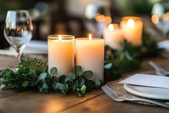 two lit pillar candles in glass holders nestled in eucalyptus garland on a wooden table with plate, napkin, fork and wine glass, soft bokeh candlelight creating a warm intimate cozy atmosphere
