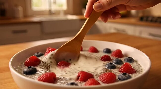 Close-up of hand stirring creamy chia seed pudding with fresh berries in a white bowl