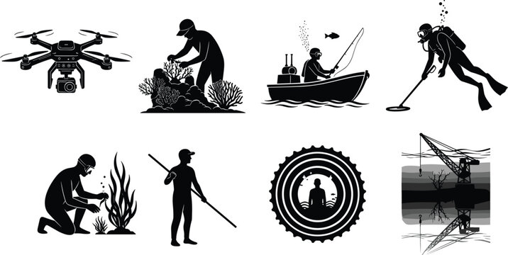 Marine research silhouette set including scuba divers, underwater explorers, drone camera, coral reef study, fishing boat and coastal crane for environmental science
