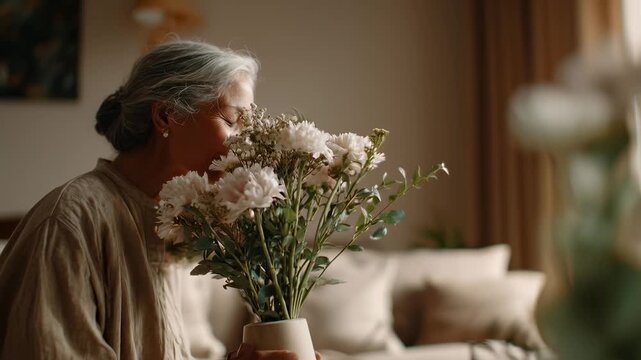Gentle senior woman with flowers. Peaceful moment at home, enjoying simple pleasures. Soft light, cozy interior, serene beauty. Embrace aging, quiet contemplation. Mature lady with chrysanthemums.