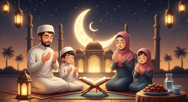 Muslim family praying together during ramadan with moon and mosque background in cartoon style