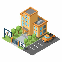 Isometric illustration of a school building with a car parked outside and signage at the entrance.