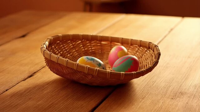 A magical loopable animation of painted eggs materializing into an empty basket on a table with sparkle concept of easter magic and abundance
