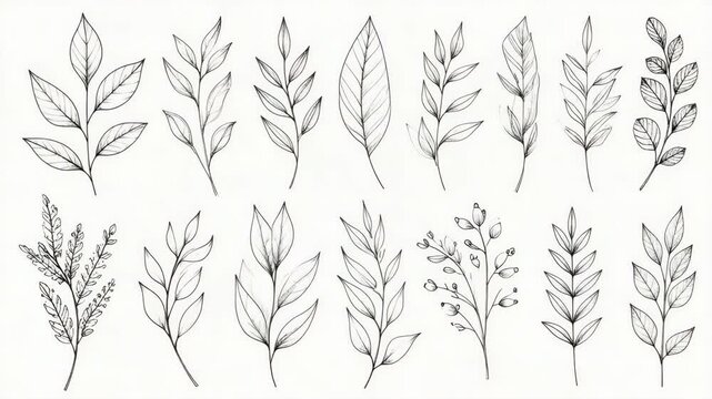 Collection of hand-drawn botanical illustrations with various leaves and branches