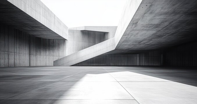 Expansive empty concrete courtyard with angular overhangs and a sloping ramp, stark light and deep shadows creating a minimal, austere and serene architectural space