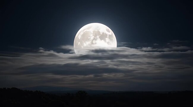 A luminous full moon emerges from heavy, dark clouds above a shadowy landscape at night