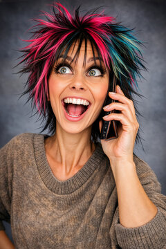 Begeisterter Teennager mit bunter bunten Haaren telefoniert aufgeregt mit ihrem Smartphone