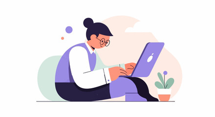 Obraz premium Person in glasses sits cross-legged, using a laptop beside a potted plant