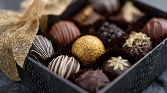 Black rectangular box filled with chocolate truffles. the box is tied with a gold ribbon, which is tied in a bow on the top left corner.