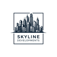 Fototapeta premium Modern City Skyline Buildings Development Logo Design with Square Frame isolated white background