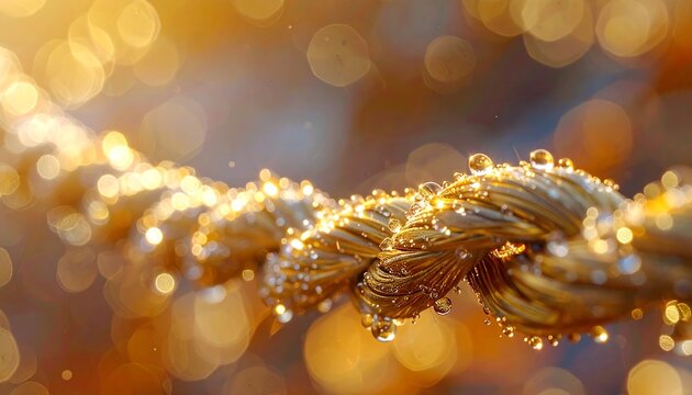 Close-up of a thick, golden rope with water droplets glistening on it, blurred golden bokeh background