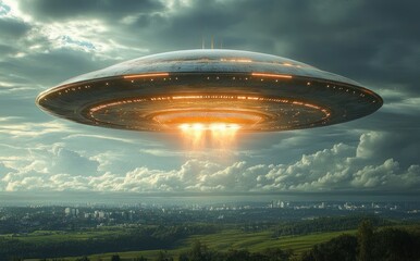 Obraz premium massive metallic saucer-shaped spacecraft hovers over green fields and distant city under stormy clouds, casting a glowing orange beam and evoking awe and foreboding