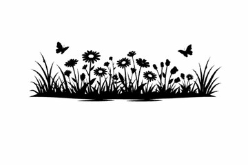 Elegant Black Silhouette of Wildflower Meadow with Butterflies and Grass