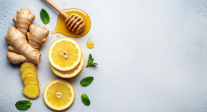 A still life of ginger and lemons with honey