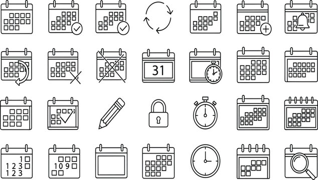 Black Line Calendar Icon Set for Event Scheduling, Time Management, Appointment Planning, Deadline Reminders, Business Organizers, Digital Planners, and Project.