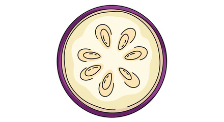 Obraz premium A simple colored illustration of a single round slice of an eggplant or aubergine, showing the pale flesh and seeds in a clean line art style.