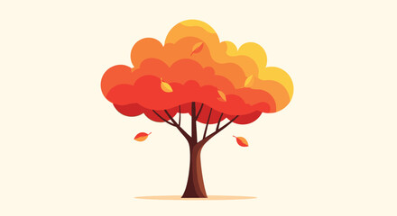 A beautiful stylized autumn tree with a lush, rounded crown of orange and yellow foliage and leaves falling gently to the ground on a light background.