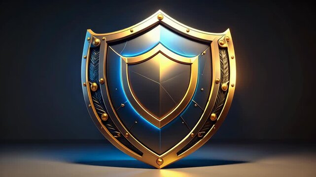 Ornate golden medieval shield with metallic texture and luminous blue accents