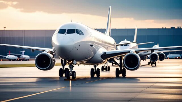 Line of commercial airplanes waiting on the tarmac at sunset