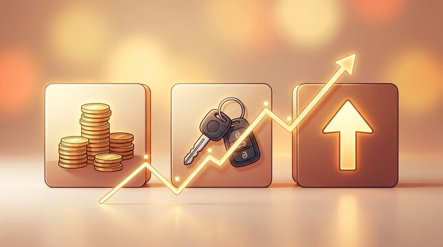 Golden coins, car keys, and an upward trending arrow graphic show rising costs for automotive assets and finance.